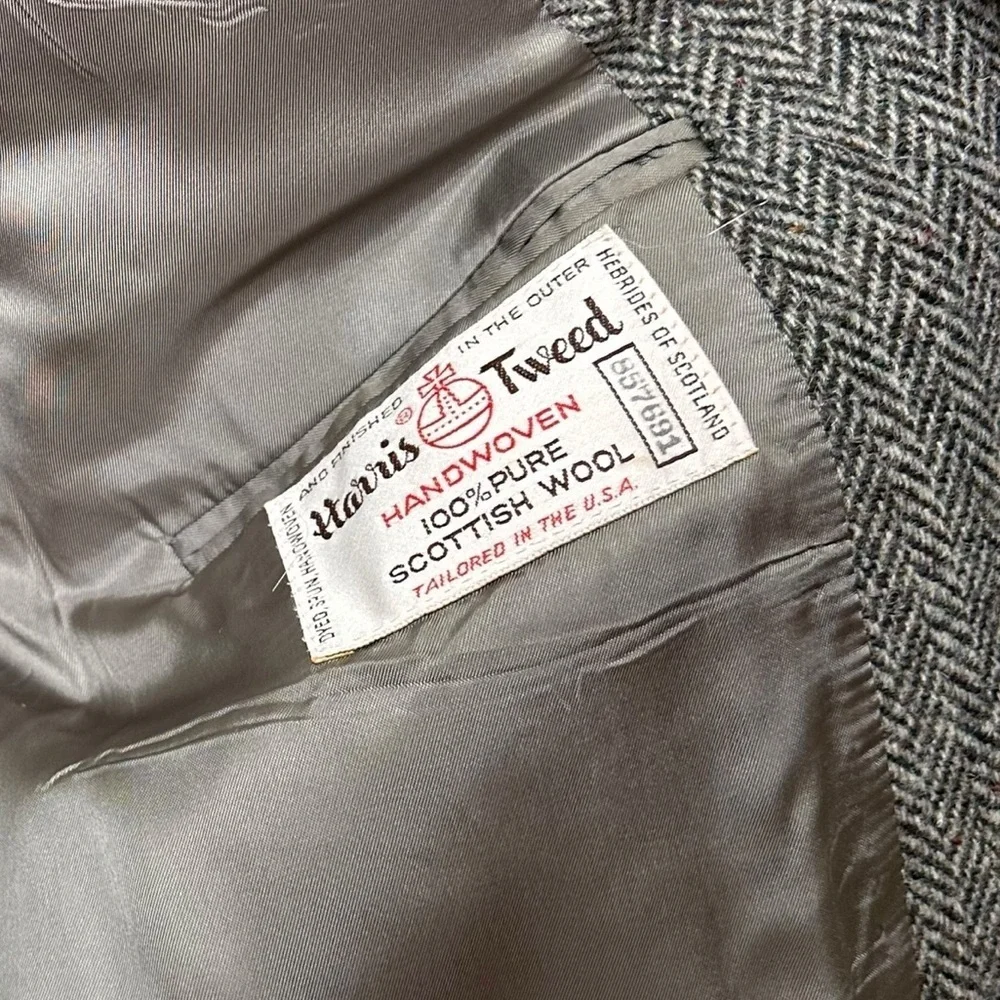 Vintage Adams Row Harris Tweed Size Large Herringbone Gray Wool Blazer